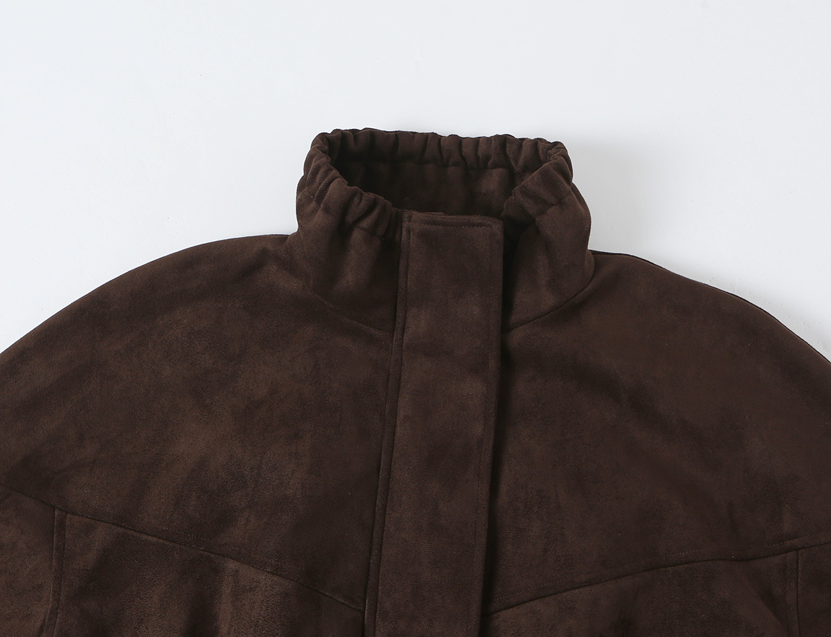 Veste d’hiver pour femme, style vintage, avec effet de texture en daim, col montant, taille et poignets élastiques, vêtement d’extérieur féminin.