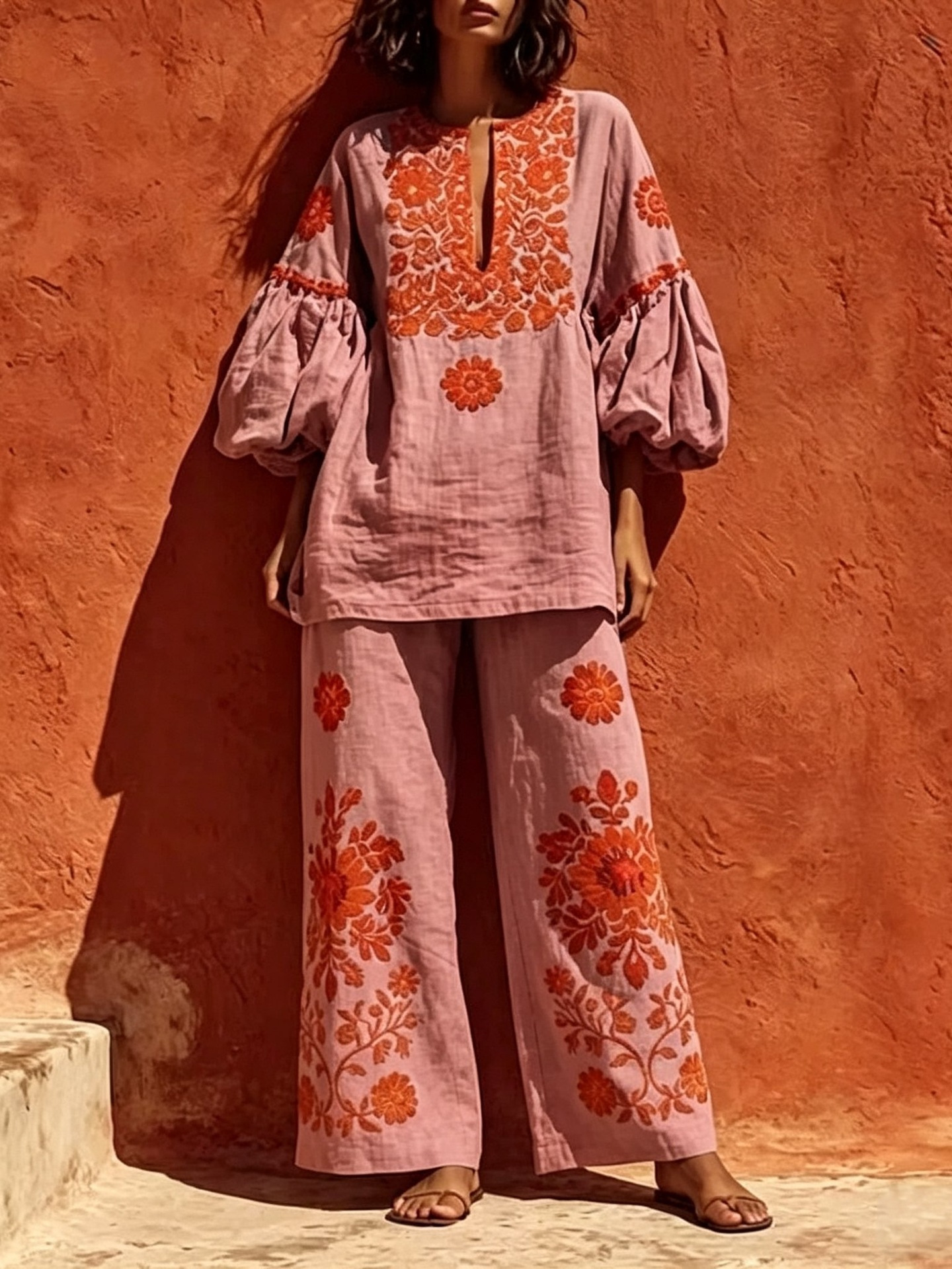 Ensemble 2 pièces bohème en lin pour femme, imprimé floral, chemisier à manches lanternes col rond et pantalon large, style vintage pour vacances et plage