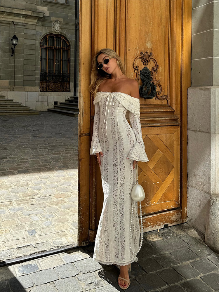 Robe longue à manches évasées à lacets pour femmes, évider, batterie hors démarrage, robe éducative, vêtements de fête de plage pour dames, nouvelle mode, élégant, 2024