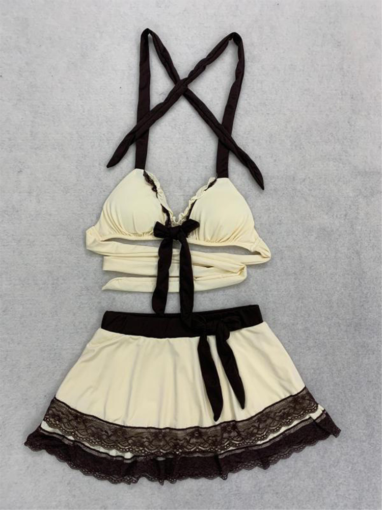 Ensemble bikini jupe beige d'été avec dentelle et nœud, style Y2K, mignon et tendance, pour la plage, la piscine, les vacances, maillot de bain féminin