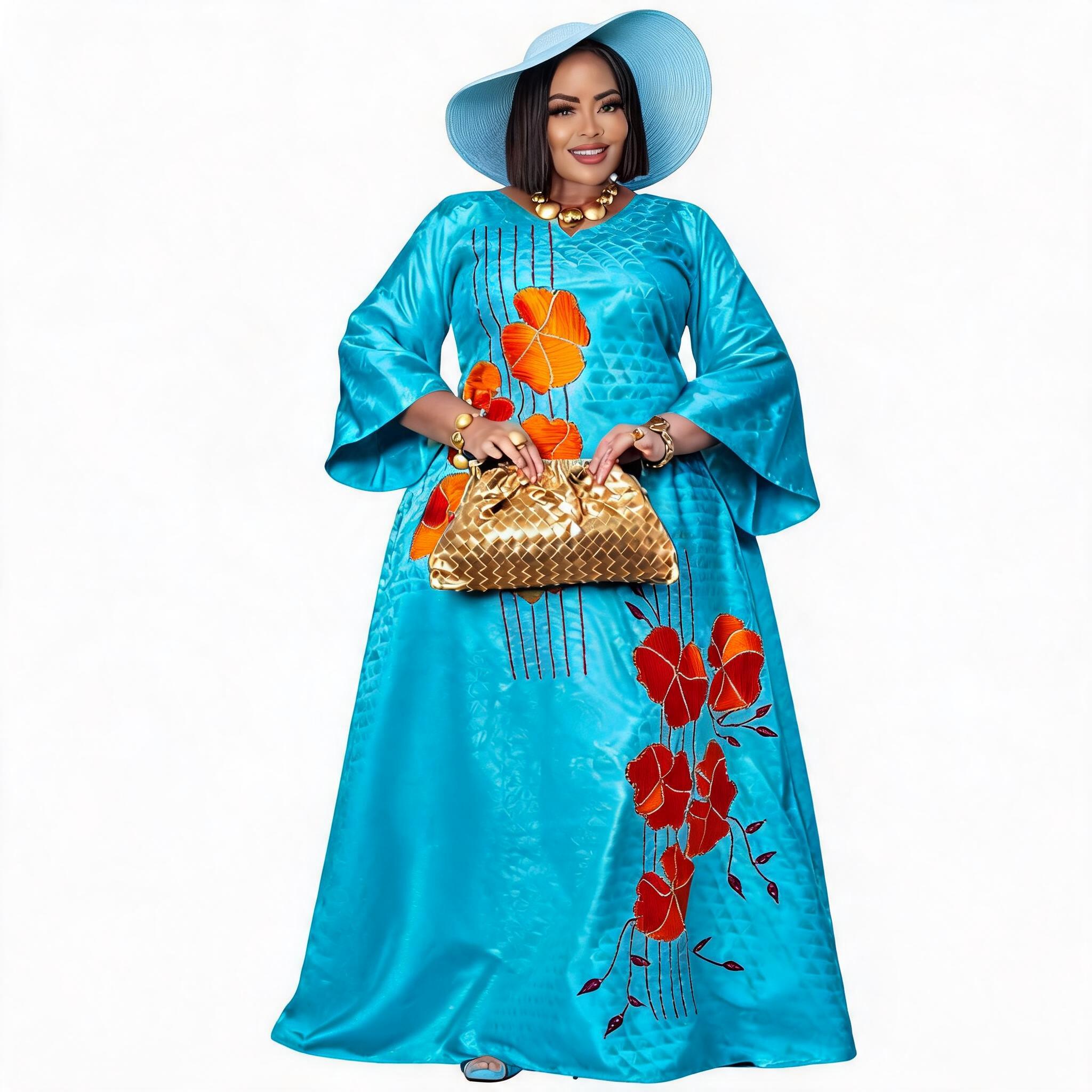 Robe Boubou Africaine Brodé pour Femme, Manches Chauve-Souris, Robe Longue en Satin pour Fête et Église, Col en Dentelle