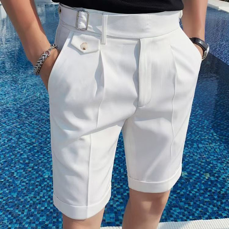 Mode été hommes Style britannique Naples costume Shorts intelligent décontracté Paris taille boucle bouton genou longueur pantalon Shorts Streetwear