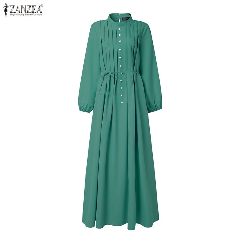 Robes longues maxi ZANZEA pour femmes musulmanes, avec détails plissés, col montant, manches longues, ceinture à nouer, abaya islamique modeste