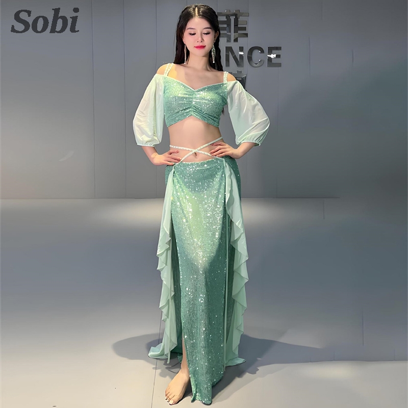 Ensemble de costumes de danse du ventre pour femmes, haut à bretelles Sexy + jupe longue, tenue de classe d'entraînement sirène, vêtements de spectacle de danse du ventre orientale