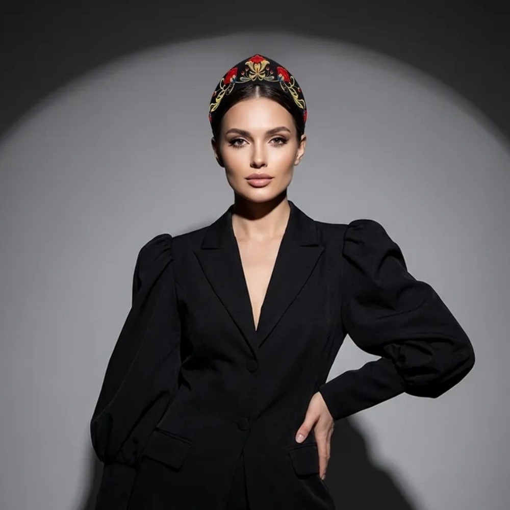 Nouveau serre-tête en velours brodé floral, texture lisse, noir, élastique, accessoires pour cheveux