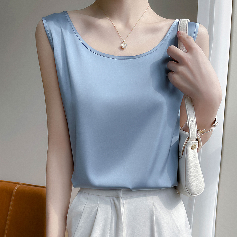 Été soie Camis femmes t-shirts sans manches gilet Satin débardeurs bureau élégant mode O cou Champagne BlouseTop femmes