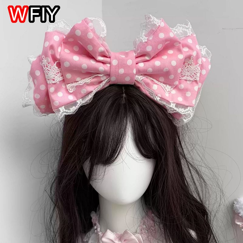 Serre-tête original fait main à pois rose clair à trois couches, style Lolita, pour fête du thé, accessoire de cheveux grande taille KC