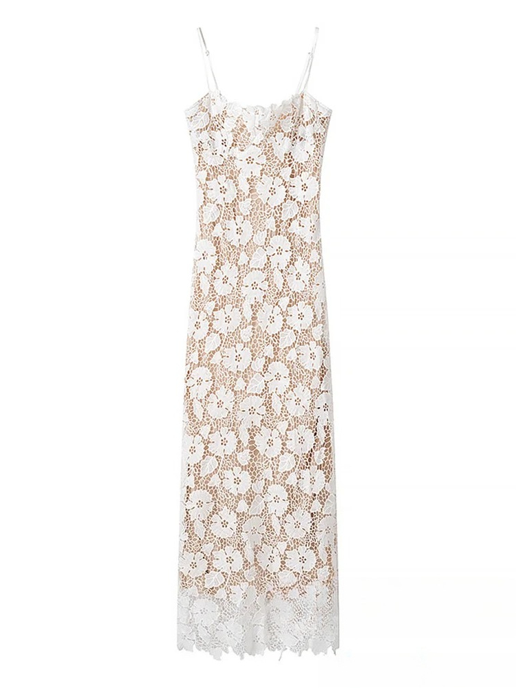 KONDALA Vintage Sexy Chic dentelle femmes robe blanc solide sans manches fermeture éclair dos fourche Cami robes mode 2025 longue robe de soirée