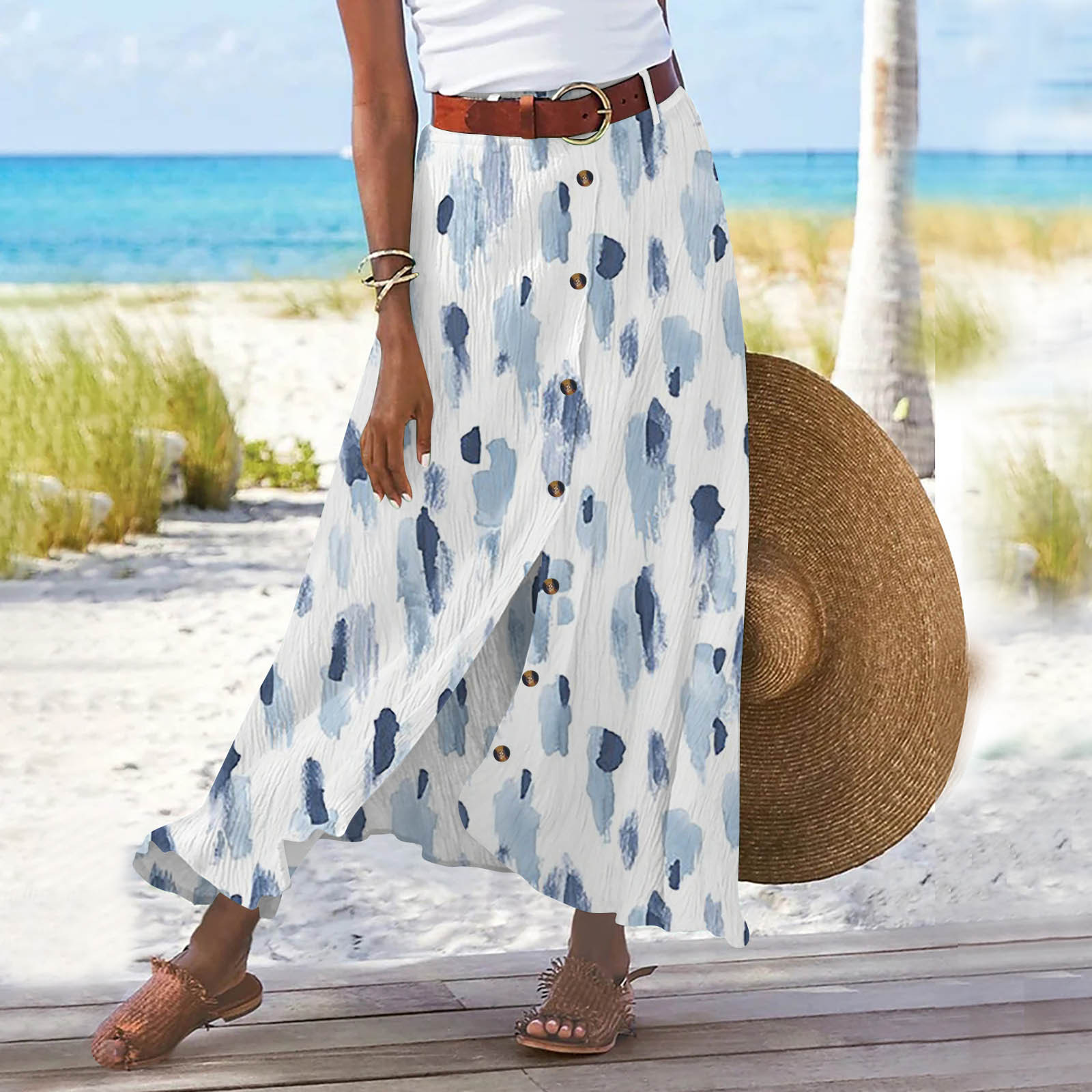 Jupe d'été en coton et lin pour femmes, fendue à boutons importants, imprimé floral, mode polyvalente, vacances, plage, jupe mi-longue