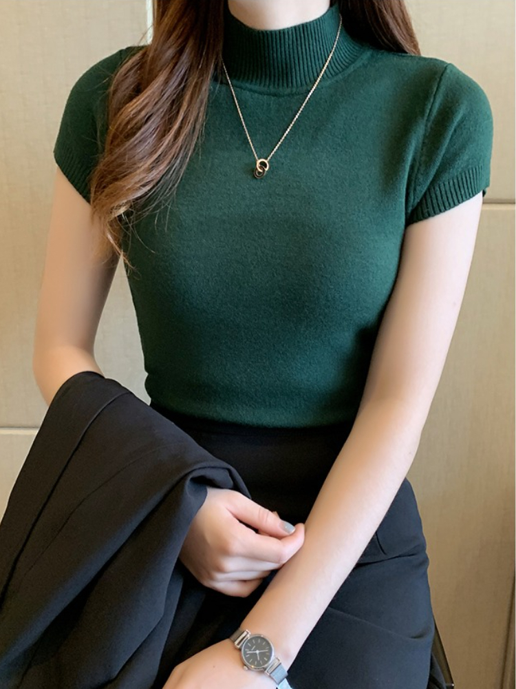 T-Shirt à col mi-haut pour femmes, pull à la mode, hauts décontractés, Style coréen, vêtements élégants de couleur unie, saison printemps et été