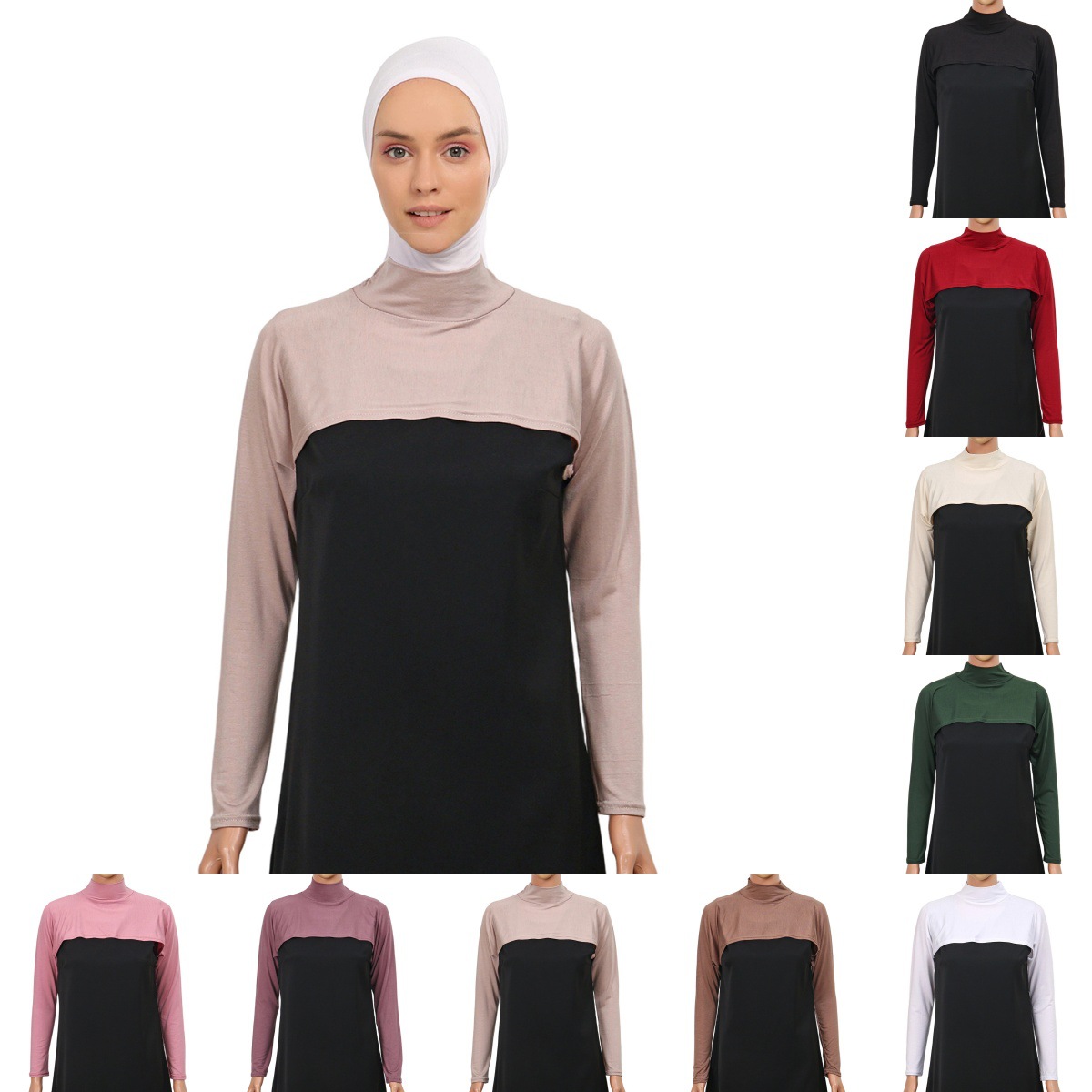 Maillot Modal élastique pour femme, manches longues, col complet, musulman, couverture de bras, haussement d'épaules, protection solaire, vêtements islamiques