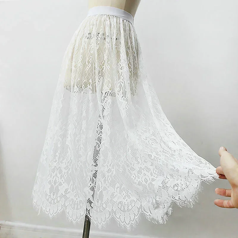 Jupe longue élégante noire en dentelle blanche transparente, jupe longue en tulle, jupe midi de plage à taille haute élastique pour femmes, livraison directe