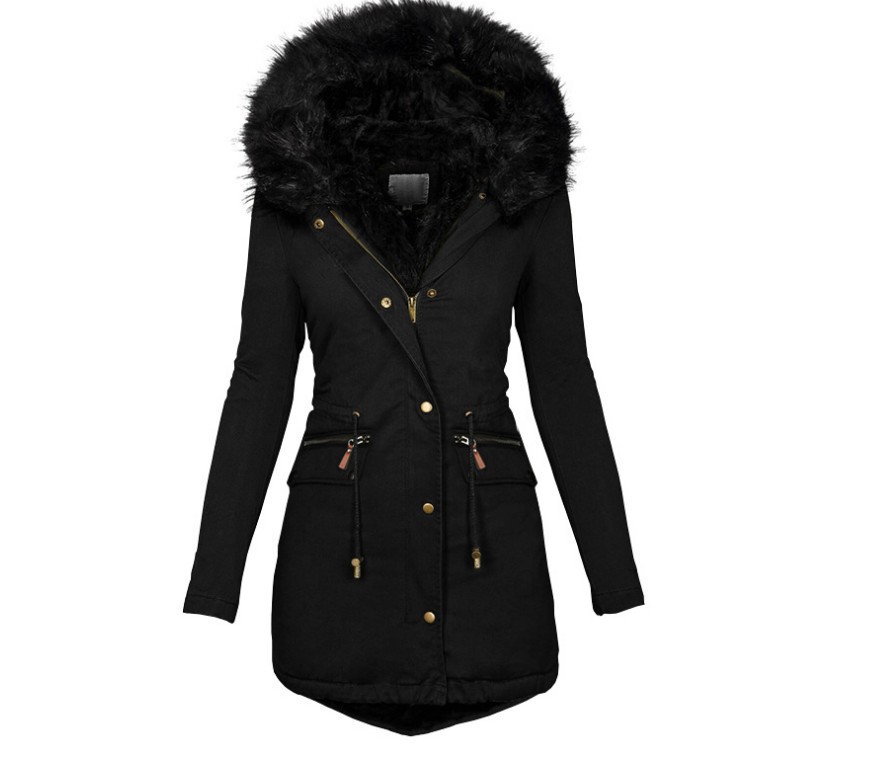 Manteau en laine pour femme, automne-hiver 2026, couleur unie, col en fourrure, capuche, épais, chaud, rembourré en coton, pour vêtements féminins