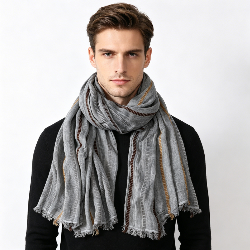 Écharpe en coton et lin rayée tendance pour hommes et femmes, automne-hiver, noir et bleu marine, écharpe chaude pour homme, accessoires masculins, écharpe courte à franges, bufanda