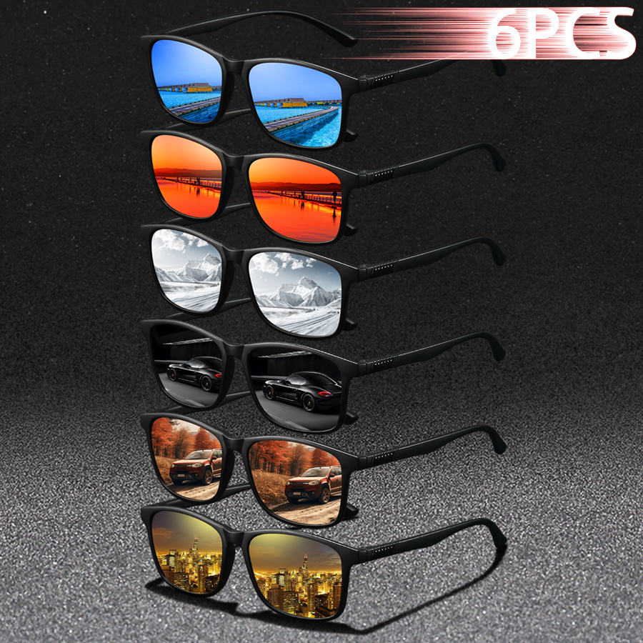 Lot de 6 Lunettes de Soleil Carrées Vintage de Marque pour Homme et Femme – Idéales pour la Conduite, la Pêche et les Loisirs en Extérieur