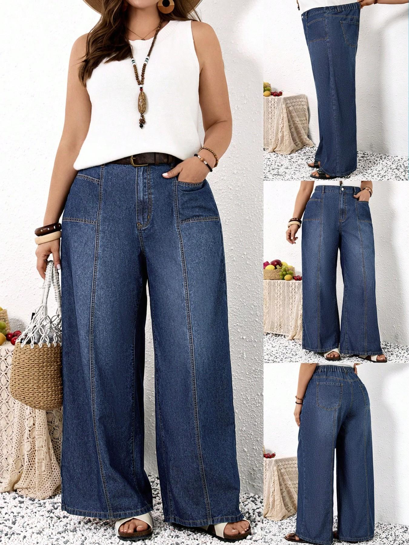 Jeans à jambes larges pour femmes, taille haute, design patchwork, coupe ample, denim confortable et élégant