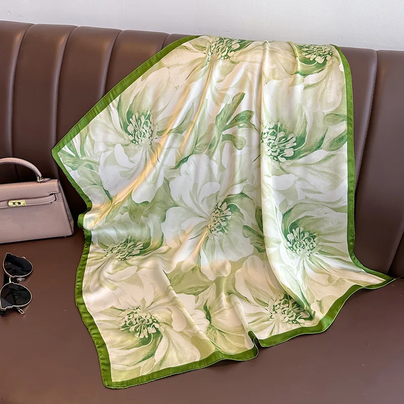 70*70 cm vert imprimé fleuri soie carré écharpe pour femmes doux foulards foulard bandeau femme bandeau mains foulard Hijab