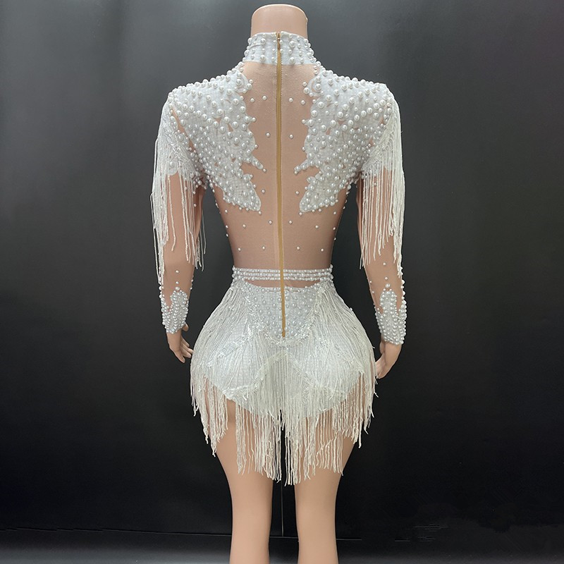 Body extensible à manches longues et col roulé pour femmes, clouté avec pompons et perles, Costumes de scène de Showgirl pour occasions spéciales, robe de danseuse