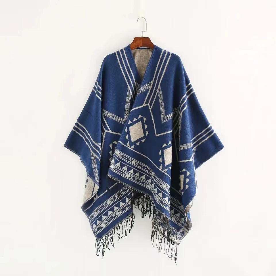 Nouvelle cape poncho pour femme, style indien népalais, à franges géométriques, chaude, idéale pour les salles climatisées, noir kaki