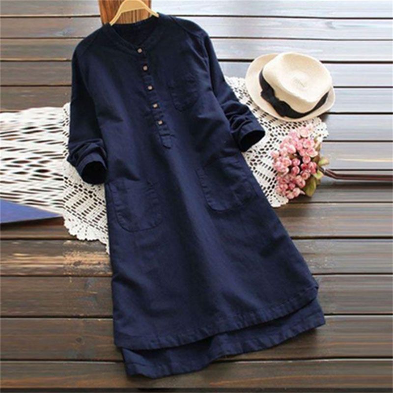 Robe chemise pour femme en coton et lin, boutonnée, ample, à manches longues, mi-longue, unie, décontractée, pour le bureau, printemps automne