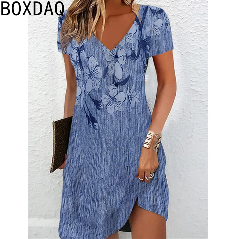 Robe d'été pour femmes, Vintage, imprimé Floral, Mini, col en v, manches courtes, décontractée, robes de vacances, robe surdimensionnée