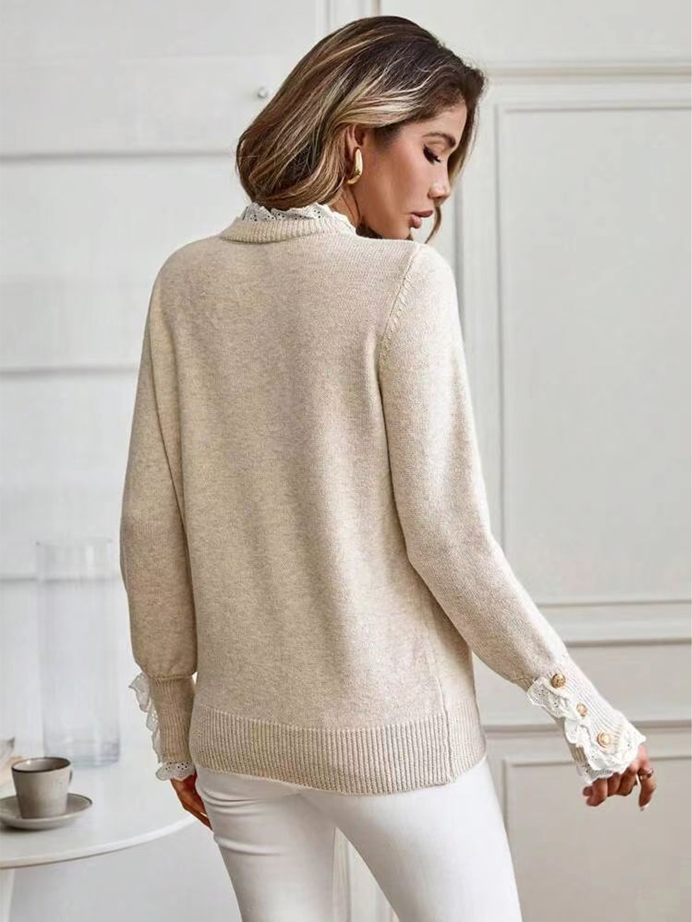 Pull en tricot à manches longues pour femme, décoration en dentelle, col rond, automne-hiver, chaud, tendance, décontracté