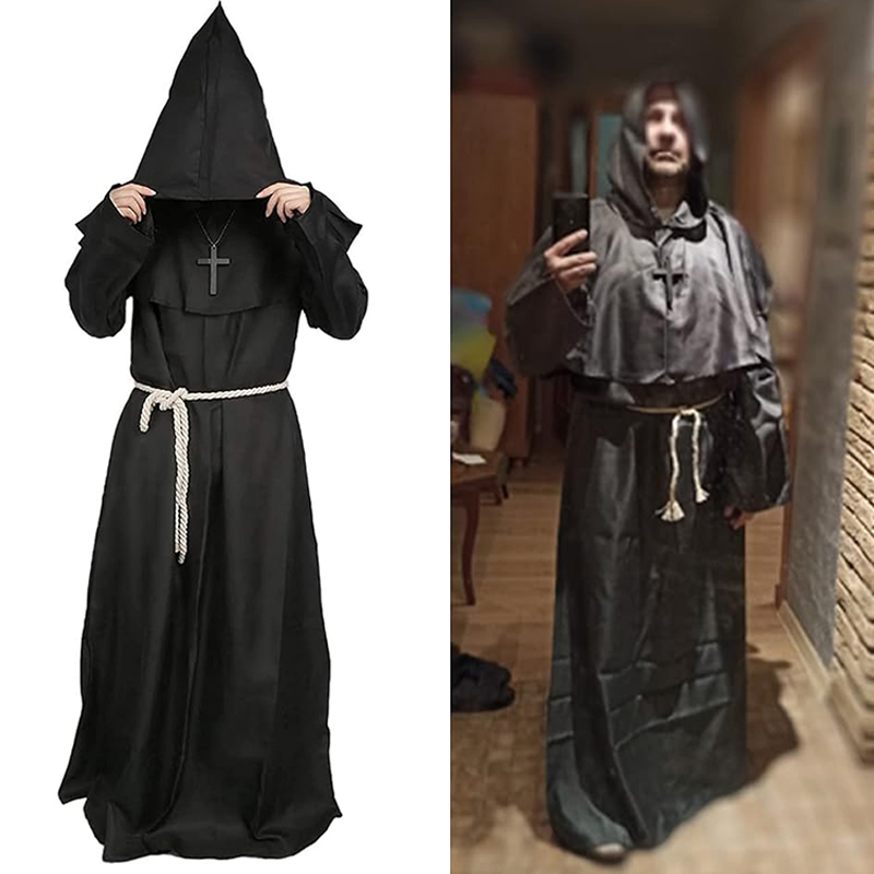 Robe de Costume de docteur de la peste du clergé de moine médiéval, Robe pour hommes adultes, capuche de prêtre, Cape chrétienne, tenue d'halloween, châle