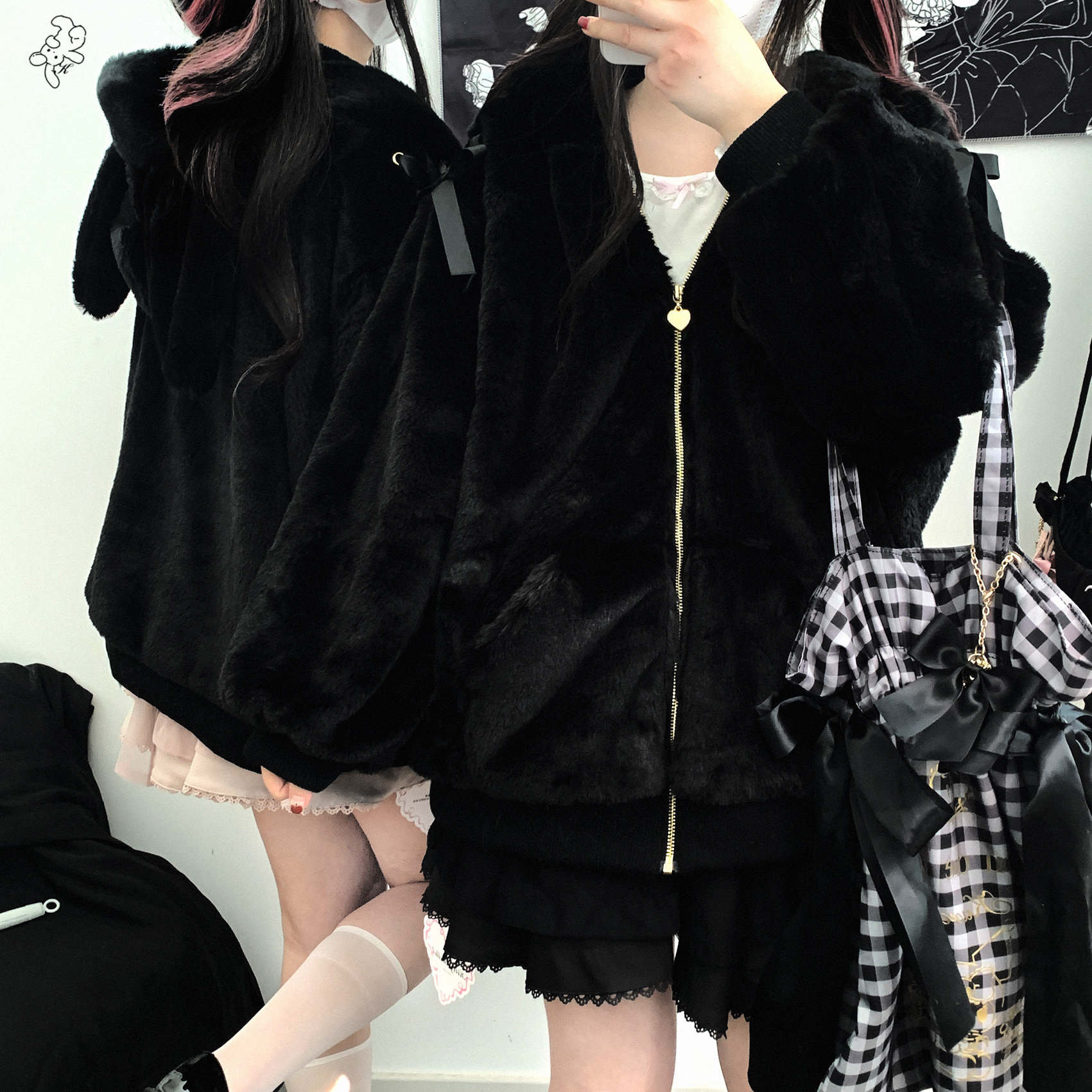 Moelleux lapin arc Zip à lacets femmes vêtements japon ample chaud à capuche Patchwork sweats à capuche Preppy belle bureau dame vêtements d'extérieur décontractés