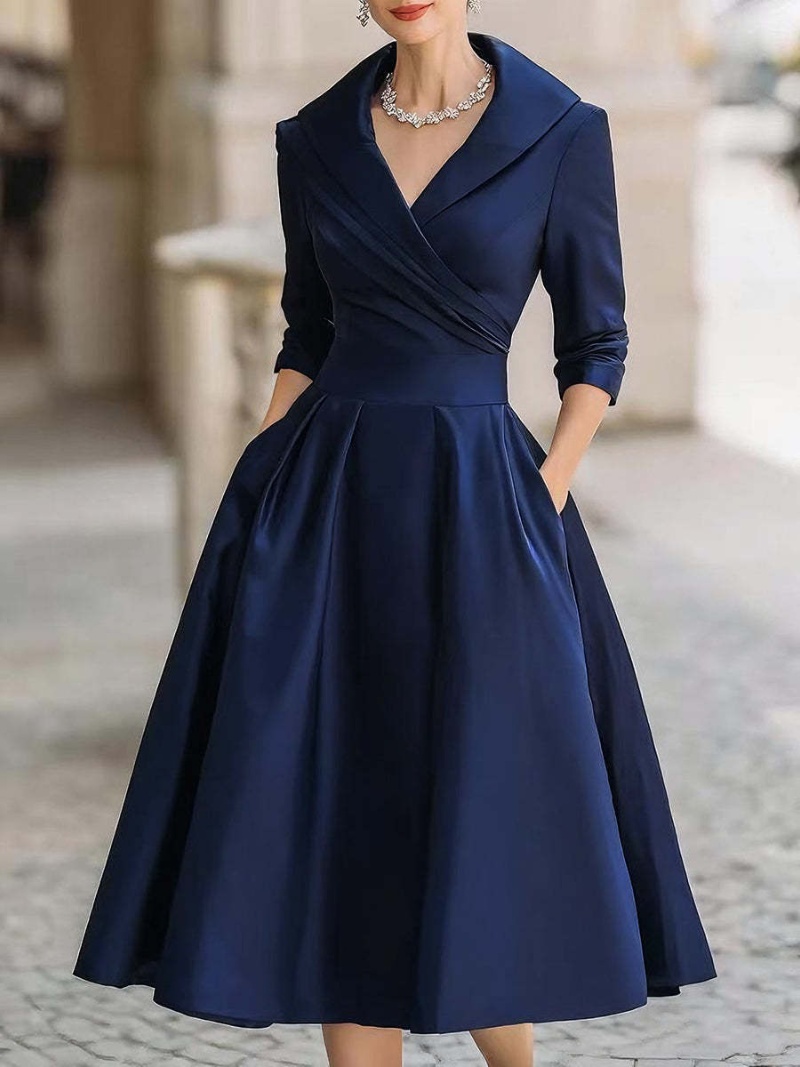 Robe midi élégante pour femme avec col à volants et poches - Tenue de soirée chic