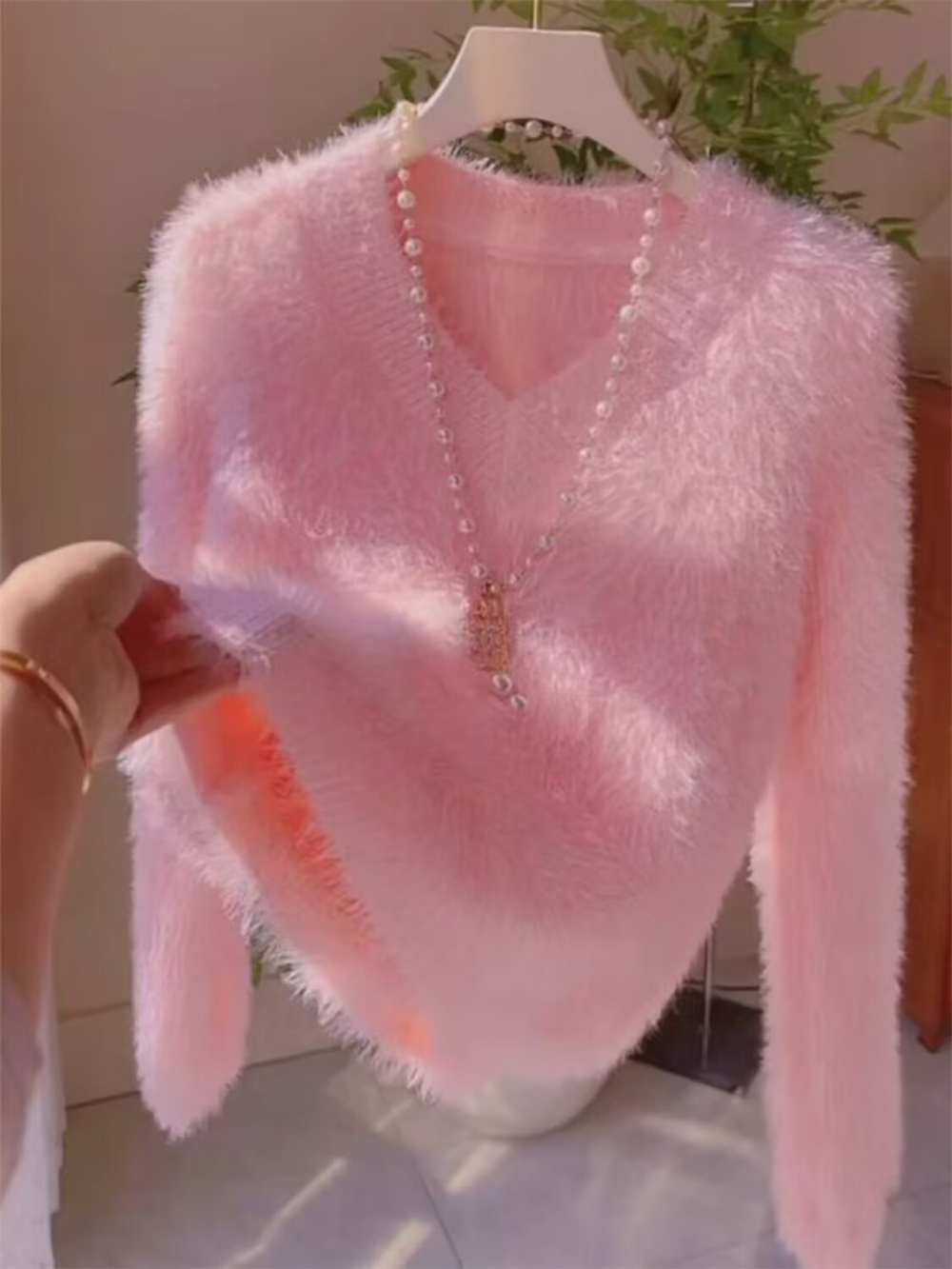 Pull en cachemire de vison à manches longues pour femmes, pull décontracté élégant, tricots roses, laine, dame de bureau, automne, hiver, nouveau