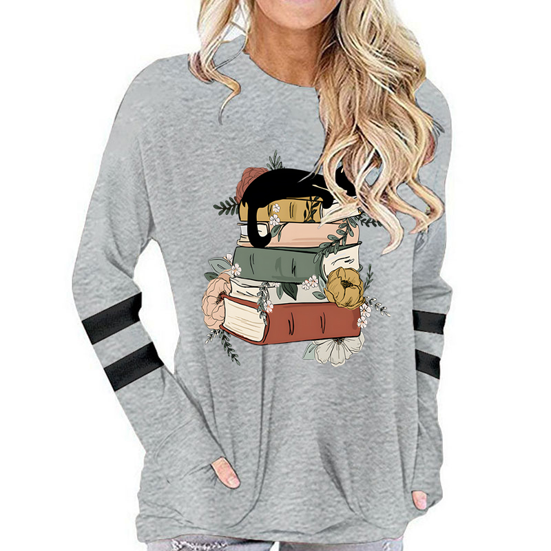 T-shirt à manches longues en coton pour femmes, Vintage chat avec livres imprimés, col rond, hauts drôles de fleurs, livres d'animaux, amoureux
