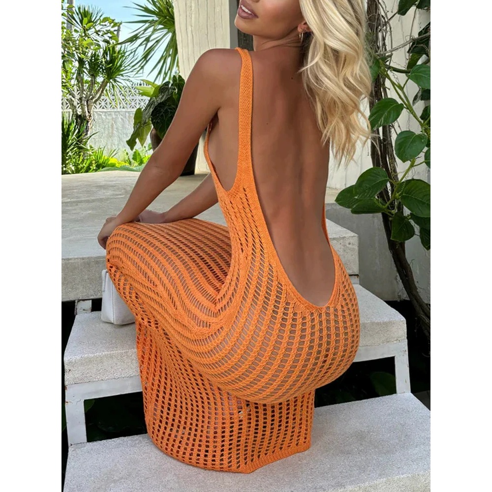 Sexy U creux dos nu mince sans manches Robe Maxi chaude femme transparent portefeuille hanche plage Robe de soirée solide vacances Robe Robe