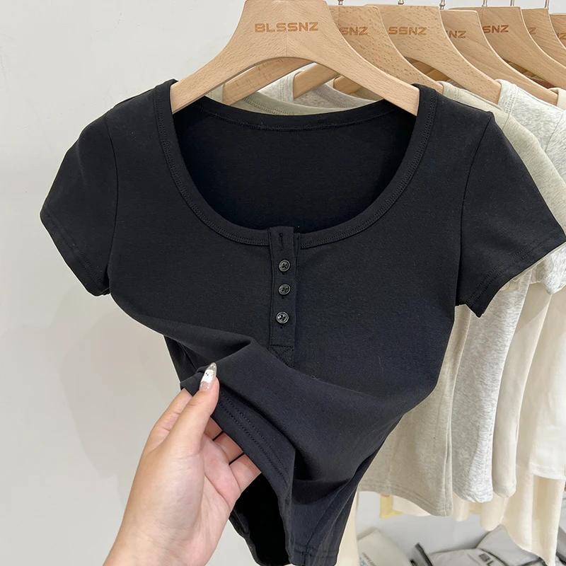 Femmes T-Shirt bouton T-Shirt femme vêtements hauts coton mince T-Shirt femme à manches courtes haut été T-Shirt Sexy Canale Y2k