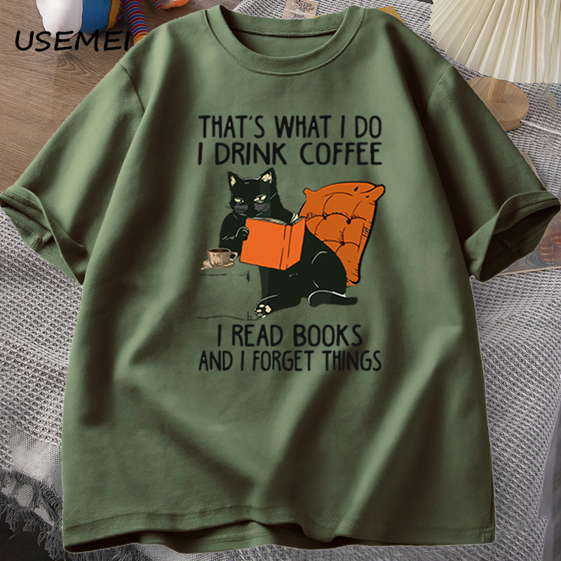 T-shirt chat mignon pour femmes et hommes, Économie College de café de nettoyage, coton de créateur drôle, vêtements masculins confortables