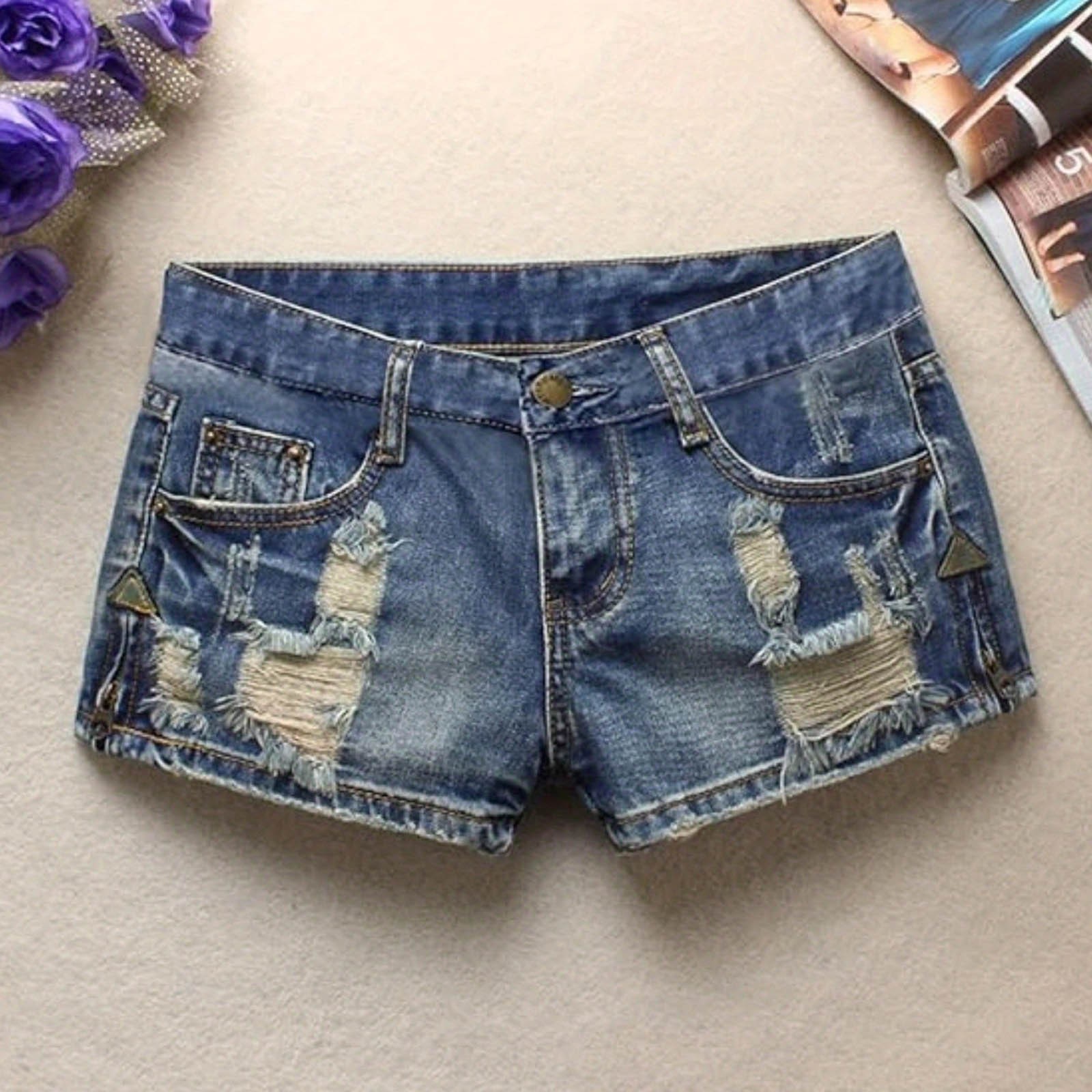 Shorts en jean délavé vintage pour femme, coupe ample, jambe large, déchirés, style décontracté, pour l'été, la plage et les occasions décontractées