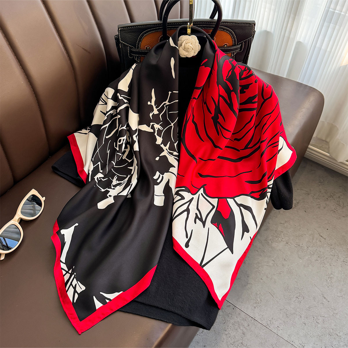 Foulard hijab imprimé roses 90x90cm pour femme, en satin de soie, bandeau, foulard pour cheveux, châle carré, bandana pour femme