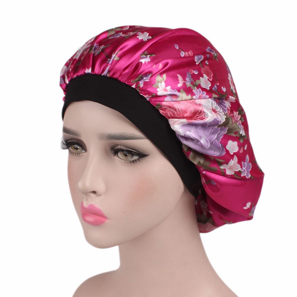 Mode femmes Satin Bonnet nuit sommeil chapeau élastique large bande perte de cheveux couverture tête enveloppement