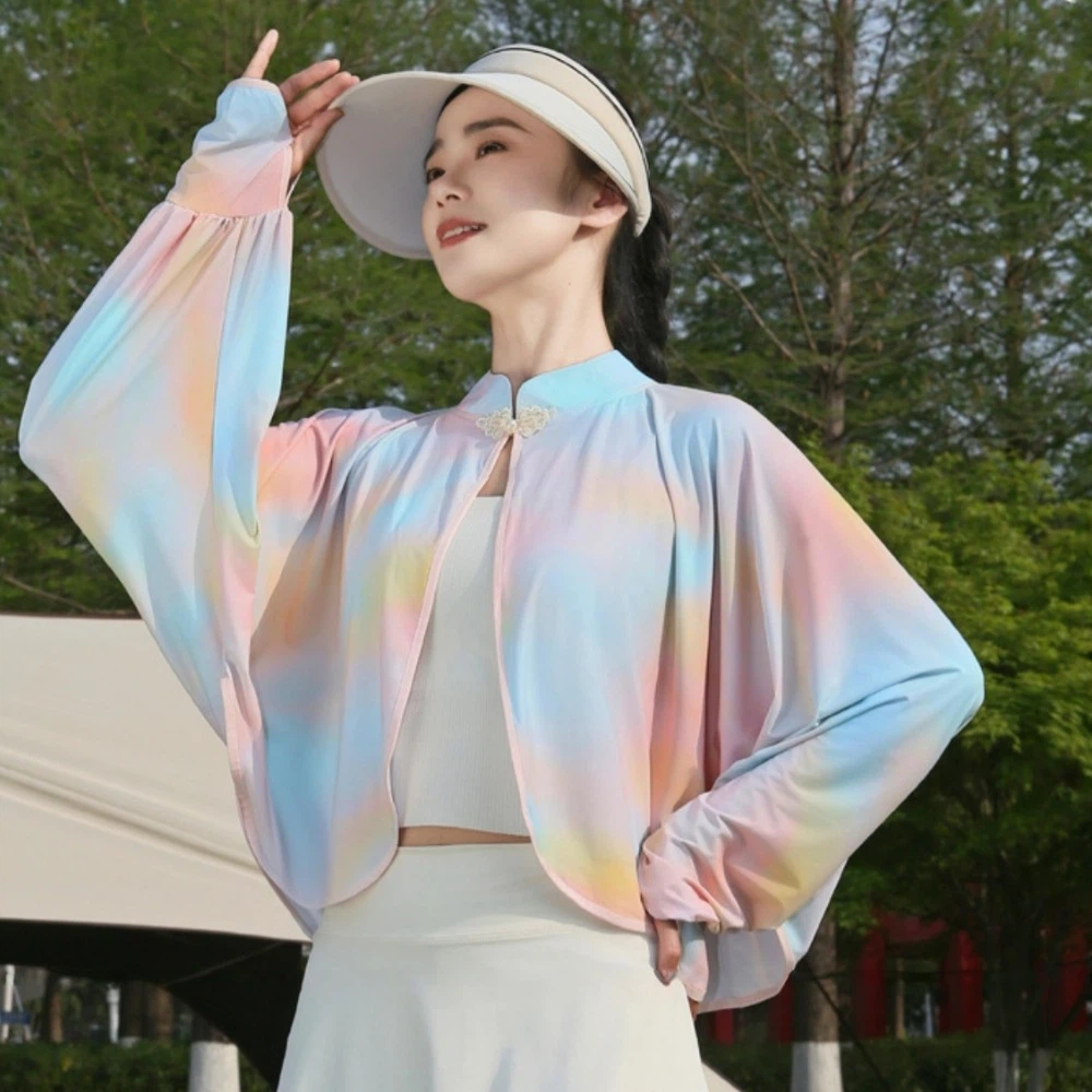 Châle de protection solaire en soie glacée à manches longues, couleur unie, coupe ample, imperméable, tie-dye, protection UV, pour l'été