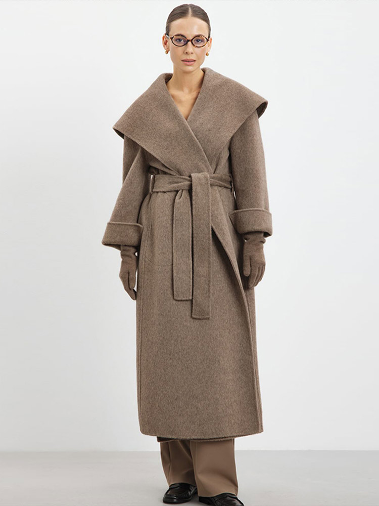 Manteau Long surdimensionné en laine pour femme, élégant, couleur unie, col châle, point ouvert, à lacets, automne-hiver, vêtements d'extérieur décontractés, 2025