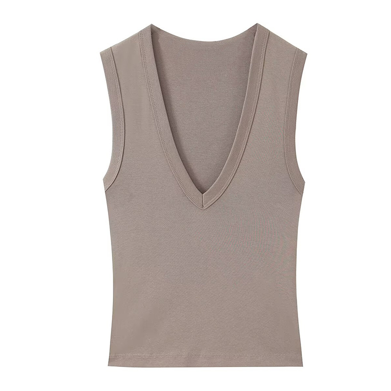 T-shirt Femme 2026 Nouvelle Collection Été Couleur Unie Sans Manches Sexy Col V Simple Coupe Ajustée Chic Décontracté T-shirt Tendance High Street