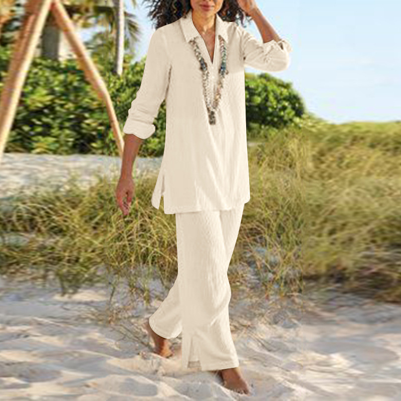 Décontracté coton Blouse deux pièces ensemble femmes été à manches longues hauts pantalons ensembles mode solide pantalon droit costumes femmes tenues