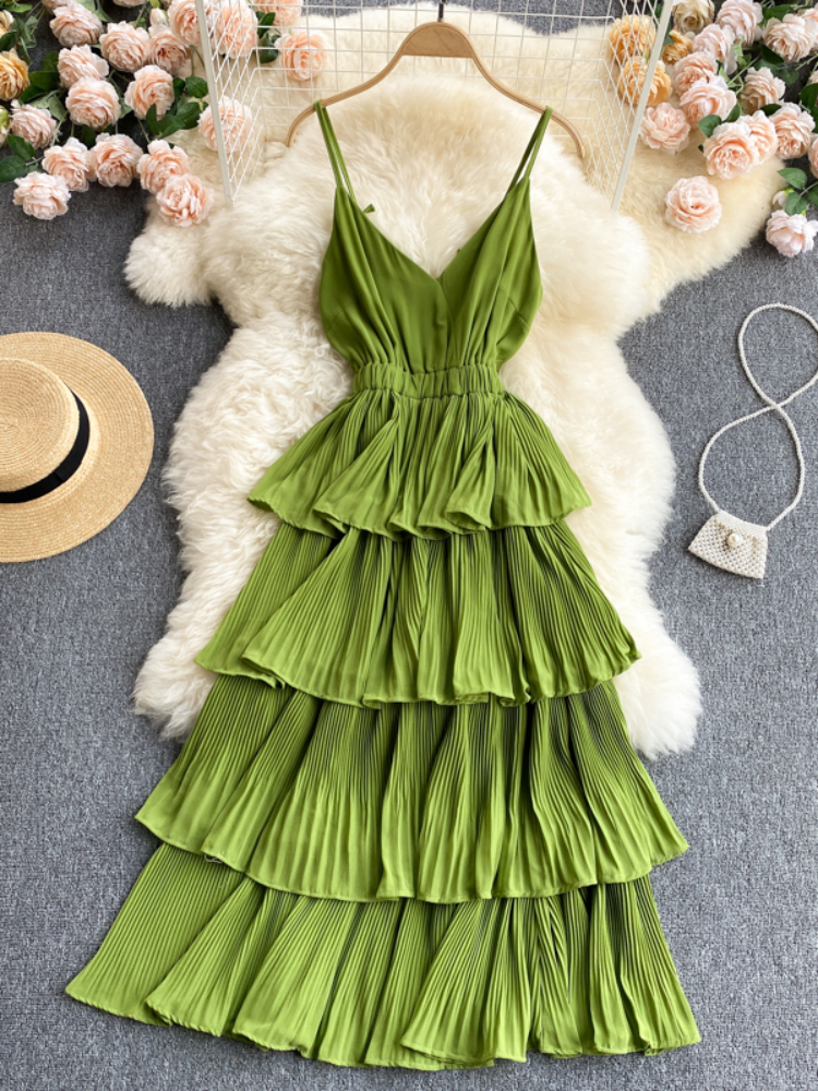 Robe de plage mi-longue à volants pour femmes, col en V, couche plissée, robes de plage élégantes, robe trapèze, sexy, nouveau, été, 2021