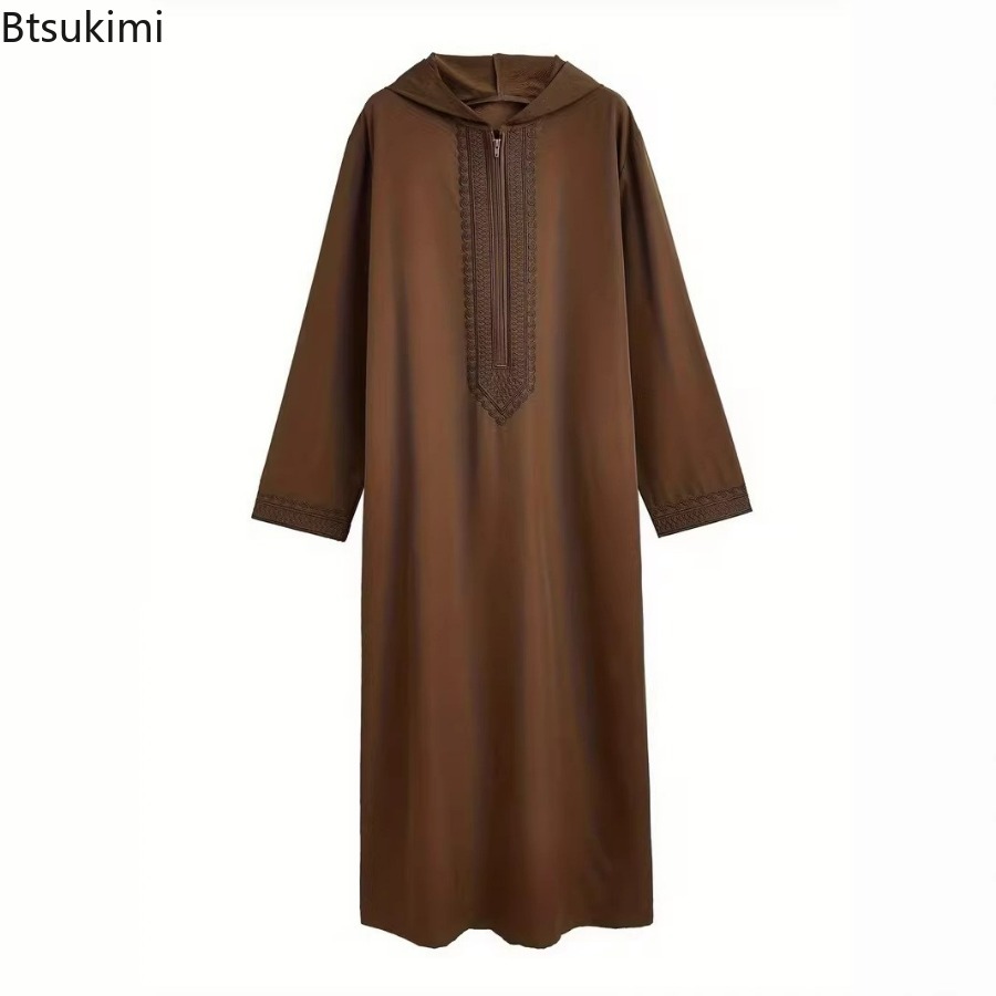 Nouvelle Robe Longue Homme Jubba Thobe Broderie Abayas à Capuche Moyen-Orient Musulman Solide Modeste Maroc Dubaï Abayas Printemps Épissées