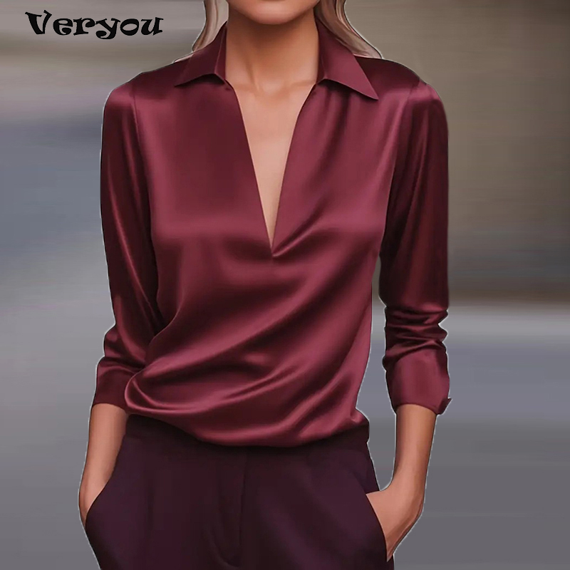 Femmes élégantes chemise Vintage à manches longues Blouse femmes chemises en soie pour les femmes automne Blusas col en V bureau dames hauts pull