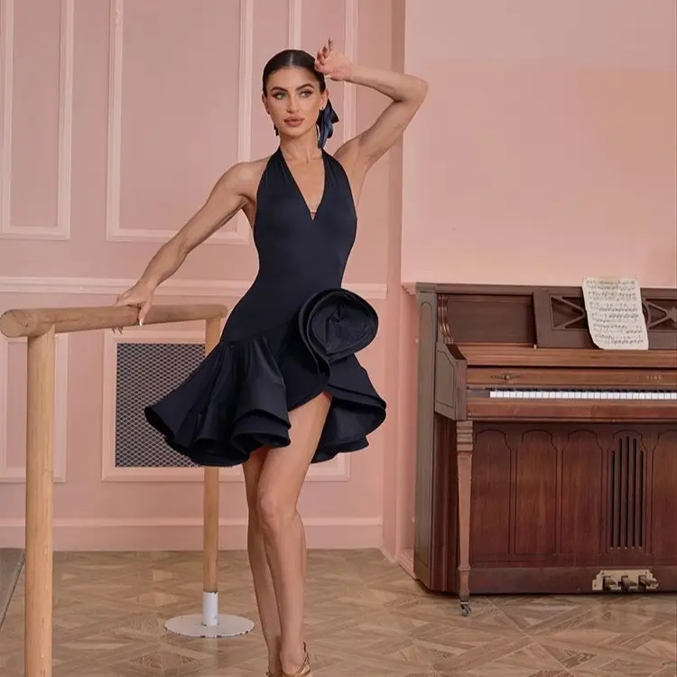 Robe de danse latine noire pour femmes, robe professionnelle Sexy de concours de danse Chacha, robes de soirée pour adultes, tenue de scène, nouvelle collection 2025