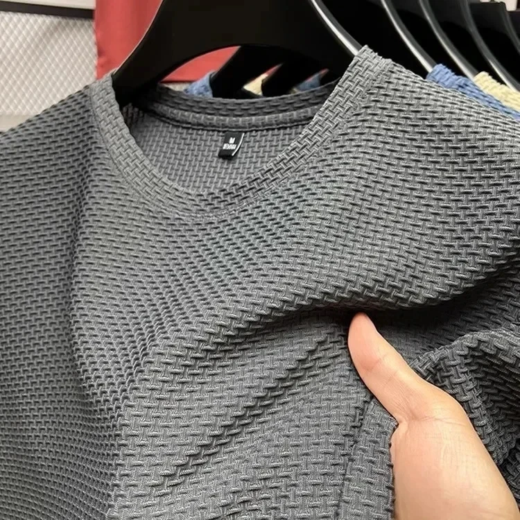 T-shirt en maille de soie glacée pour homme, à manches courtes et col rond, nouvelle collection, couleur unie, idéal pour l'été