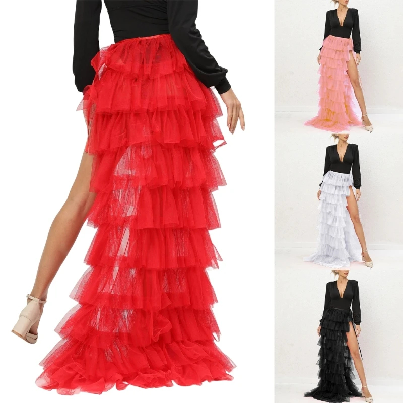 Jupe longue en Tulle à volants pour femmes, couleur unie, maille attachée, irrégulière, longueur au sol, traîne de fête, couvre-jupe