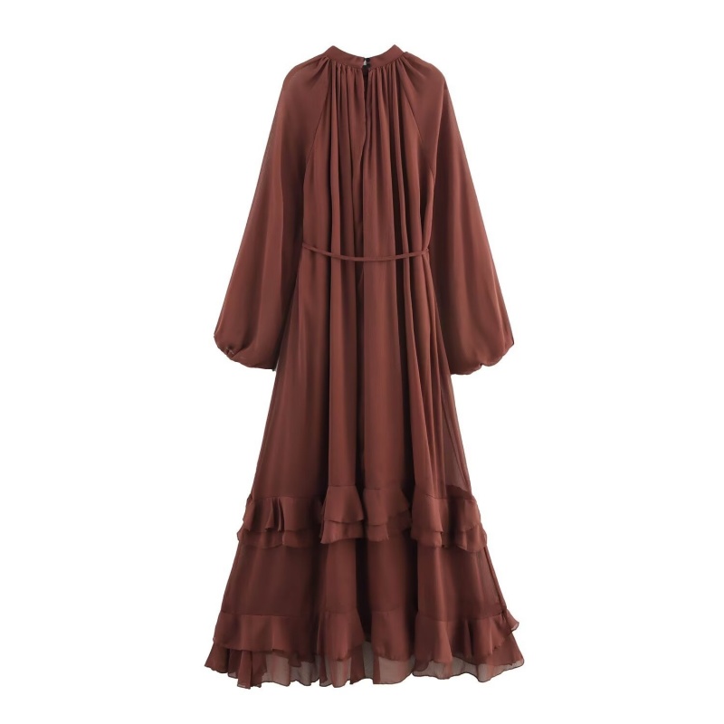 Robe longue en mousseline marron à manches bouffantes pour femme, avec ceinture et ourlet à volants, idéale pour le quotidien, le campus ou le bureau