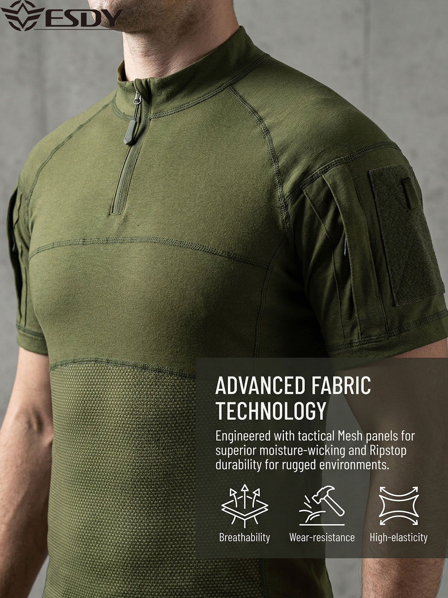 T-shirt tactique à haute élasticité pour hommes, chemise de combat militaire respirante et résistante à l'usure avec poches sur les bras pour la chasse, le camping et la randonnée