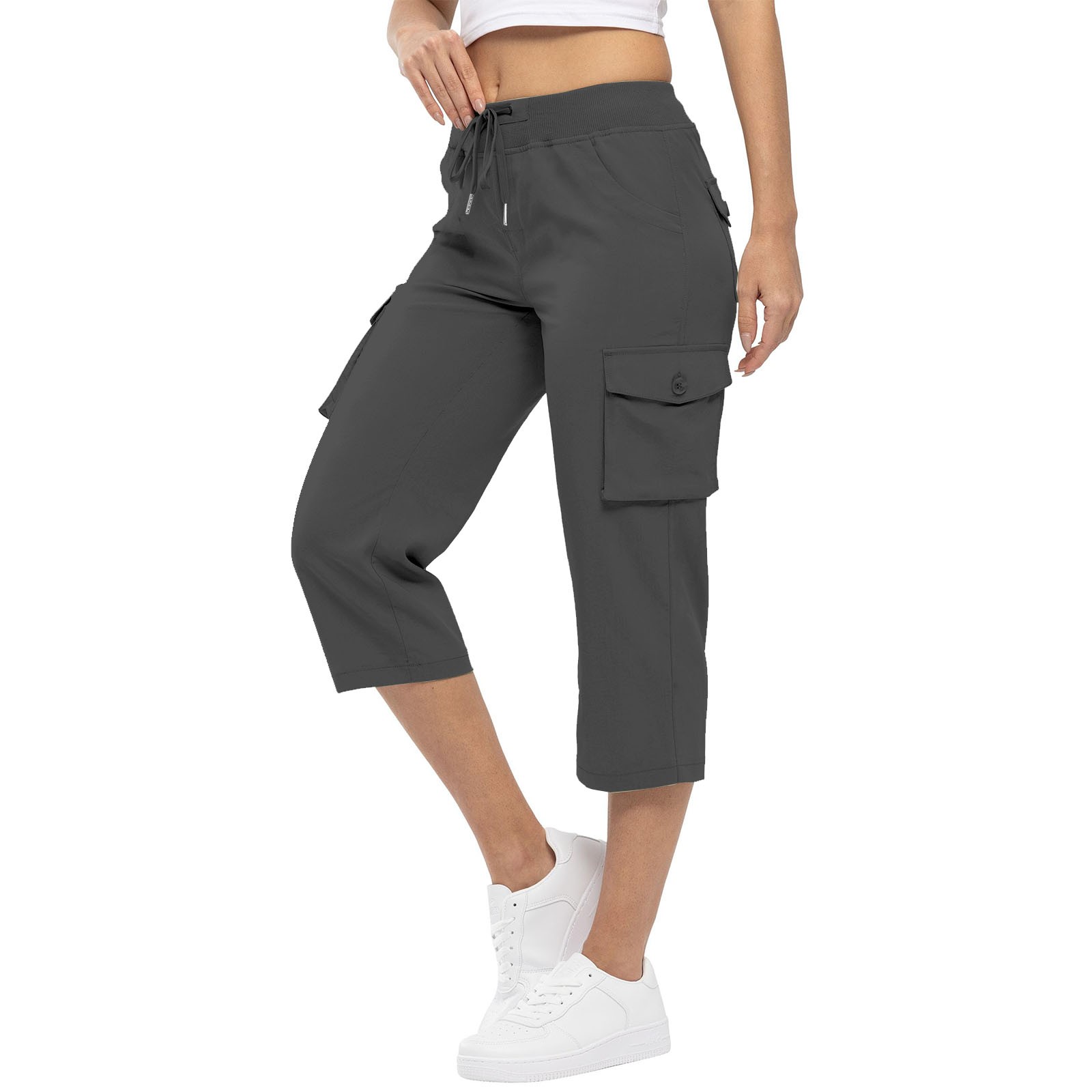 Pantalon skinny taille haute pour femme, pantalon au genou, design de poche, Wstring de proximité à revers, décontracté, uni, mode estivale, 2024